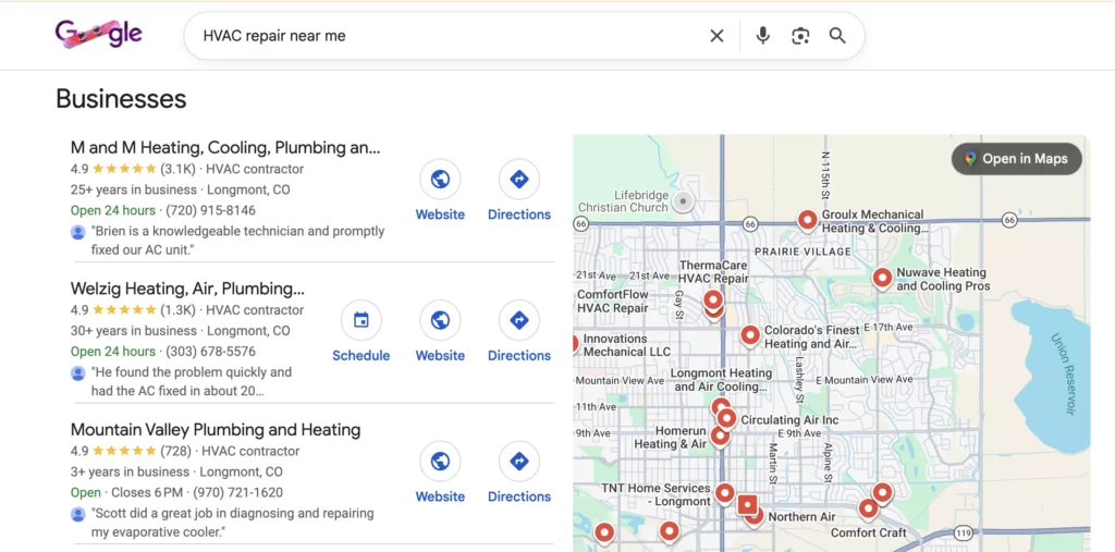 Google Map Pack results for HVAC contractors with ratings